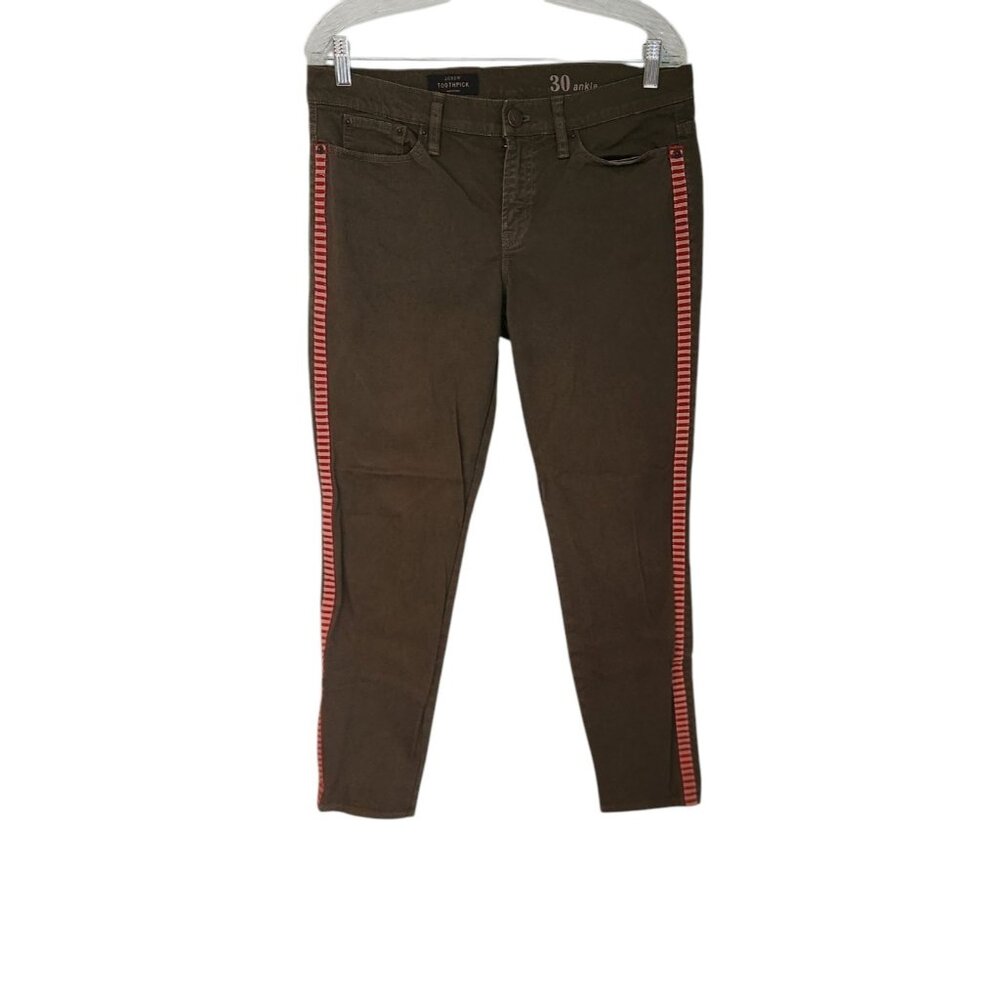 J CREW Toothpick Skinny Ankle Pants Olive Green w/Red Side Stripe 30-‎ 32x28 EUC